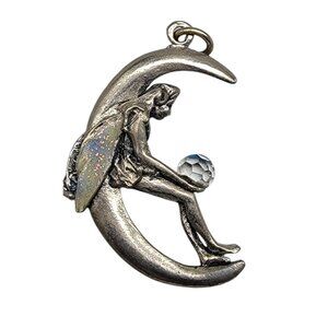 J Pic Fairy Pendant Sitting on Crescent Moon w/Crystal Ball Pewter Glitter Wings